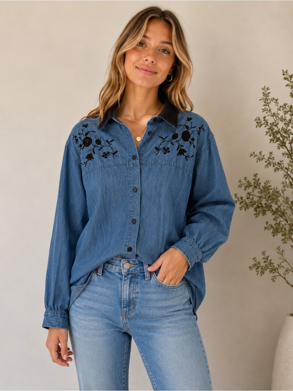 Capacity Embroidered Chambray Button Up Shirt 100% Cotton Size Medium